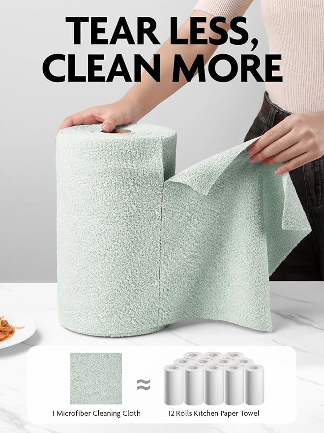Fantasticlean Microfiber Cleaning Cloth Roll -75 pack Tear Away Microfiber Towels 12 x 12 Reusable Washable Scratch Free Ultra Absorbent Dishcloth for All-around Cleaning Supplies (Moss Green)