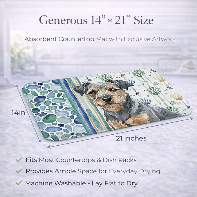 Caroline's Treasures Blue and Tan Border Terrier Coastal Sea Glass Dish Drying Mat Absorbent Dish Drying Mat Pad for Kitchen Counter Dish Drainer Mat for Countertop 14 x 21 Multicolor