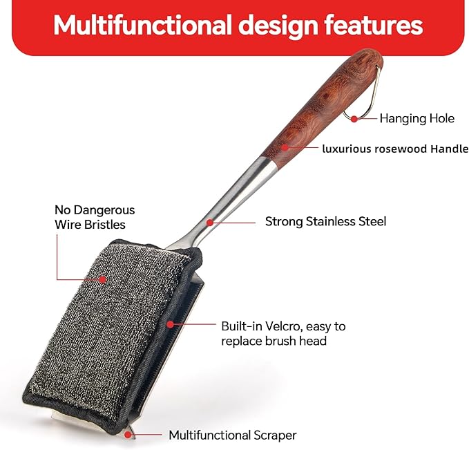 Bristle-Free Steam Cleaning Grill Brushwith Extended Luxurious Rosewood Handle and 1 Replacement HeadBBQ Grill Cleaning Brush KitSafe Grill Cleaner for Outdoor GrillGifts for Men/Dad