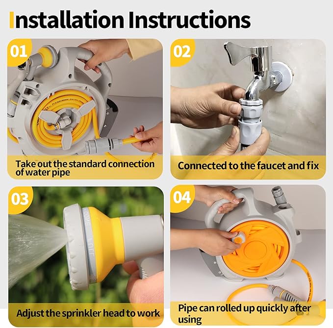 Garden Retractable Hose Reel Portable Simple Home Hose Reel 45+5 FT with 7 Patterns Spray Nozzle Wall Mounted and Any Length Lock for Garden Watering Car Washing Pet (Orange)