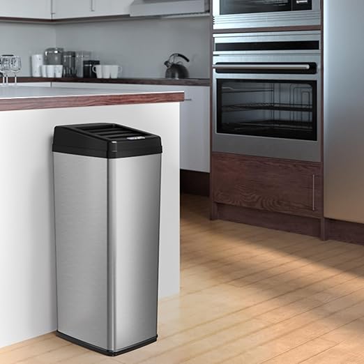 iTouchless 14 Gallon Slide Open Lid Kitchen Trash Can with Motion Sensor Stainless Steel Rectangular Trashcan for Home Office Work Bedroom Living Room Garage Large Capacity Slim Wastebasket Silver