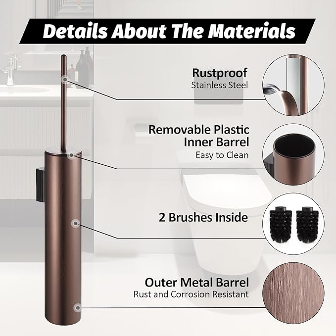 BGL Toilet Brush and Holder Set Rose Gold Wall Mounted for Bathroom Round Design