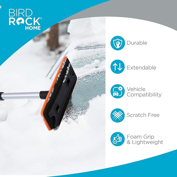 BIRDROCK HOME 36 Extendable Snow Pusher Brush &amp Detachable Ice Scraper for Cars | Aluminum Grip for Car Truck SUV | Safe on Auto Windshield &amp Windows | Wide Frost Remover for Semi &amp Sma