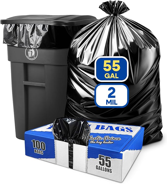 55 Gallon Trash Bags Heavy Duty 2 Mil Fits Rollout Round and Square 32-55 Gallon Rubbermaid Brute Trash Cans 43 x 47 Large Durable Garbage Trash Can Liners Black Pack of 100