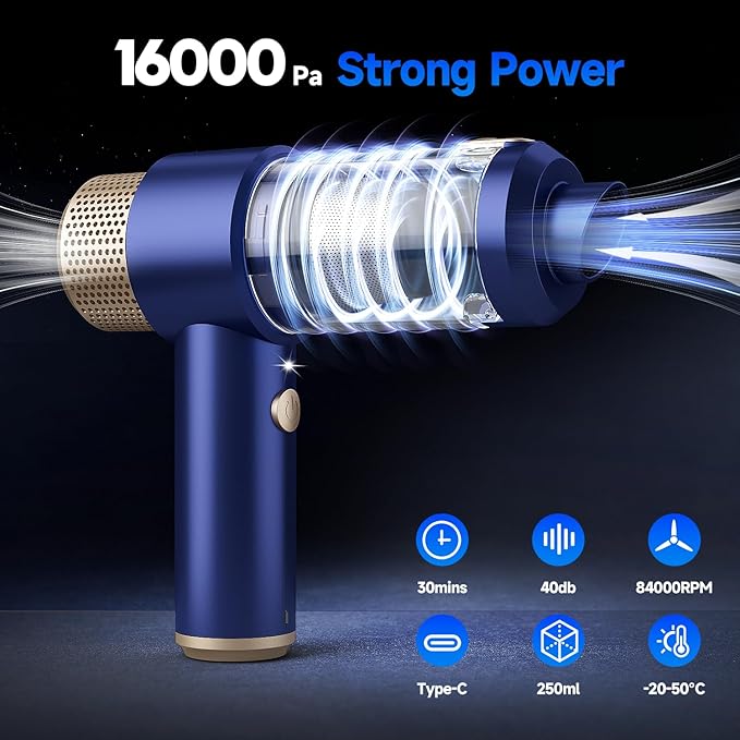 Car Vacuum Cleaner 16000PA Mini Car Vacuum Cordless Powerful 7 in 1 Portable Handheld Vacuum Cordless with LED Light Dual Filters One-Touch Empty for Pet Hair Home Office