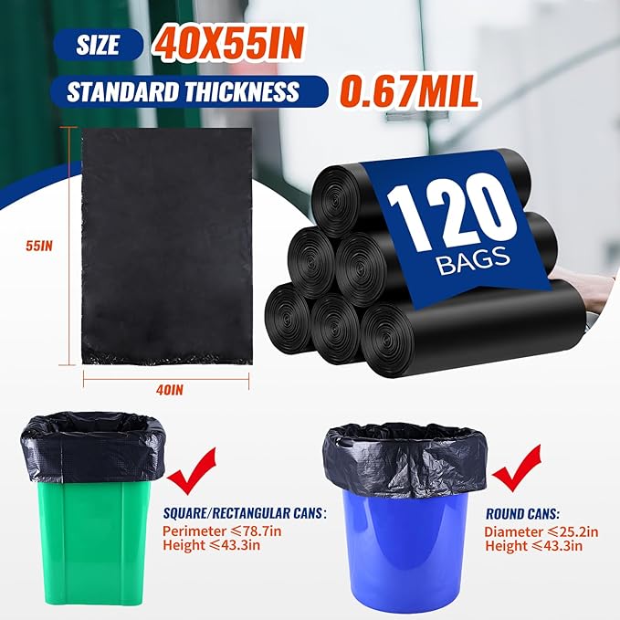 AROIC 55-60 Gallon Trash Bags 120 Count Tear-Free Large Black Garbage Bags 17 Micron Lightweight Black Liners for Kitchen Office Outdoor Lawn and Leaf Bags &amp Daily Use Dry Waste