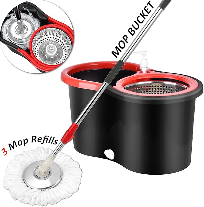 Spin Mop and Bucket with Wringer Set360° Spin Mop and Bucket System with 3 Replaceable Microfiber Mop 61 Handle Household Cleaning Tools for Wet and DrySet of 2