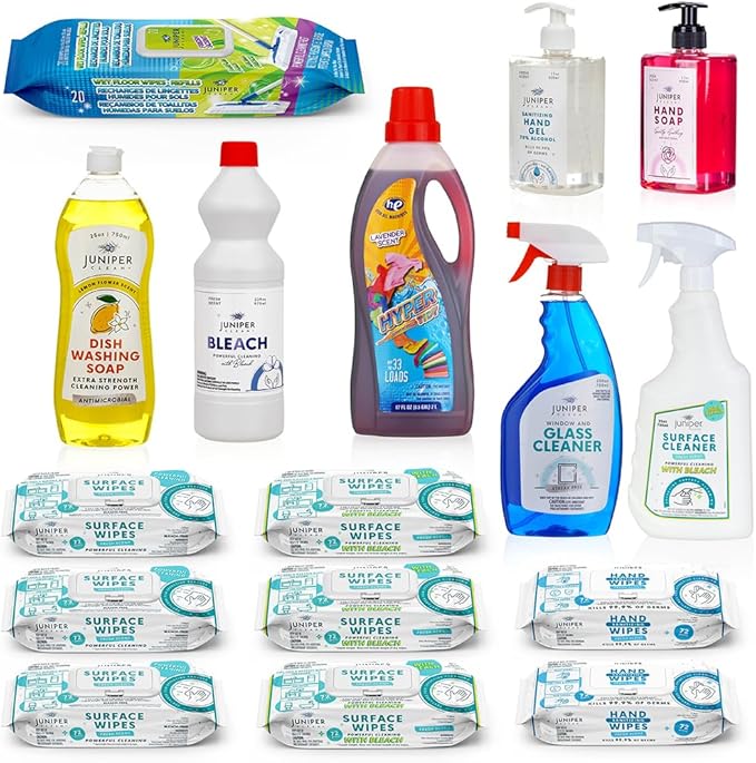 Luxury Cleaning Supplies Kit All In One Household Cleaning Essentials Set with Surface-Floor-Hand Cleaners Laundry Detergent Dish Soap Nice Gift for New Homeowners