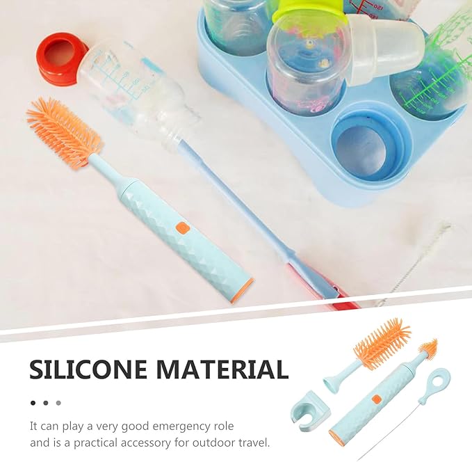 MERRYHAPY Electric Silicone Bottle Brush Set with 360° Detachable Cleaning Head Electric Glass Cup Cleaner for Feeding Bottles Blue 3pcs Kit for Home and Travel