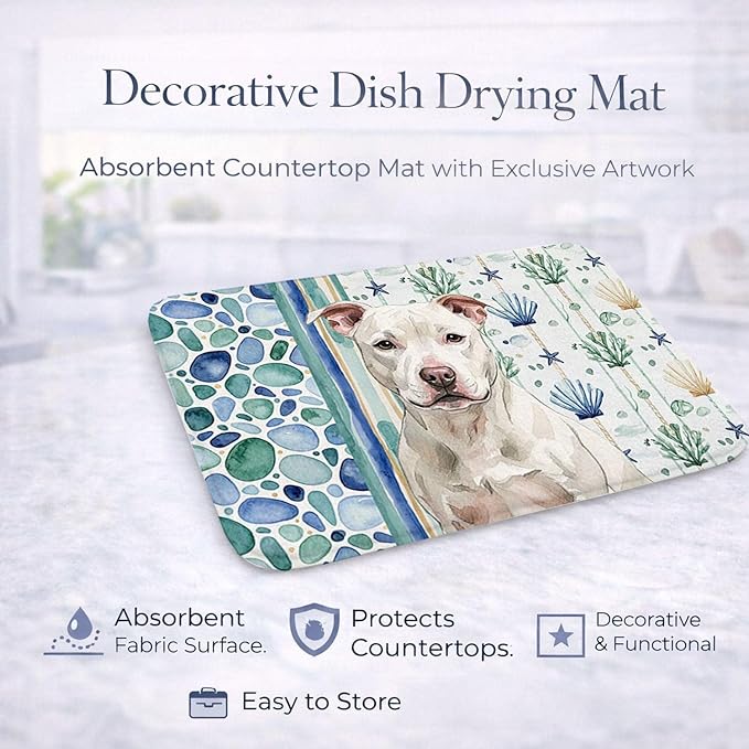 Caroline's Treasures White Staffordshire Bull Terrier Coastal Sea Glass Dish Drying Mat Absorbent Dish Drying Mat Pad for Kitchen Counter Dish Drainer Mat for Countertop 14 x 21 Multicolor