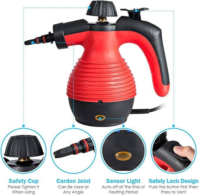 Goplus Handheld Pressurized Steam Cleaner with 9 Piece Accessories Multipurpose Steamer w/Safety Lock for Carpet Curtain Car Seat 1050W Portable Upholstery Steamer for Home Kitchen Bathroom(Red)