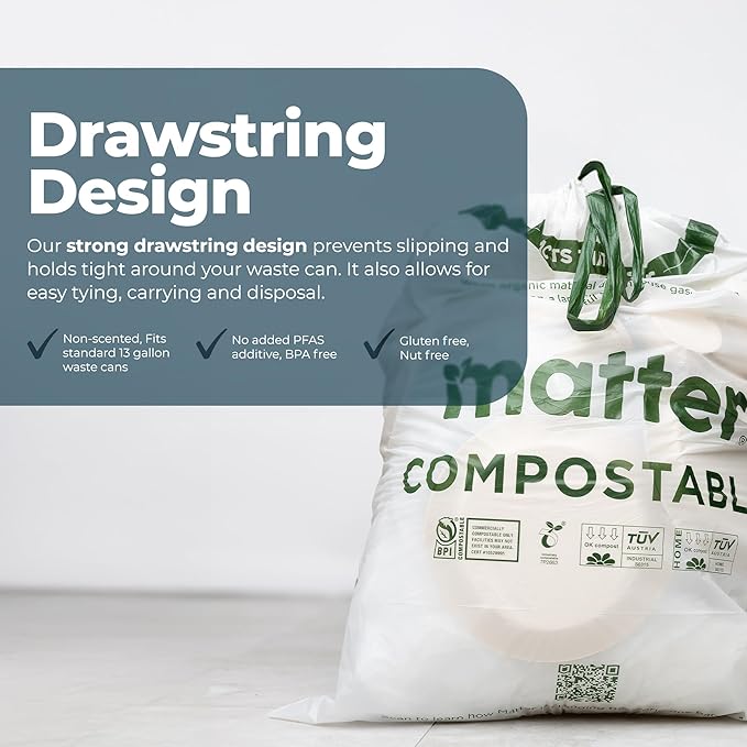 Matter Compostable 13 Gallon Tall Kitchen Trash Bags with Drawstring Eco-Friendly Unscented Durable Leak-Resistant 60 Count
