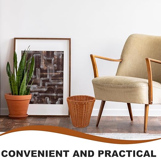 Lurrose Woven Storage Basket with Lid Round Desktop Trash Can Multipurpose Sundries Container in Brown Imitation Rattan Wastebasket for Home Office Organization
