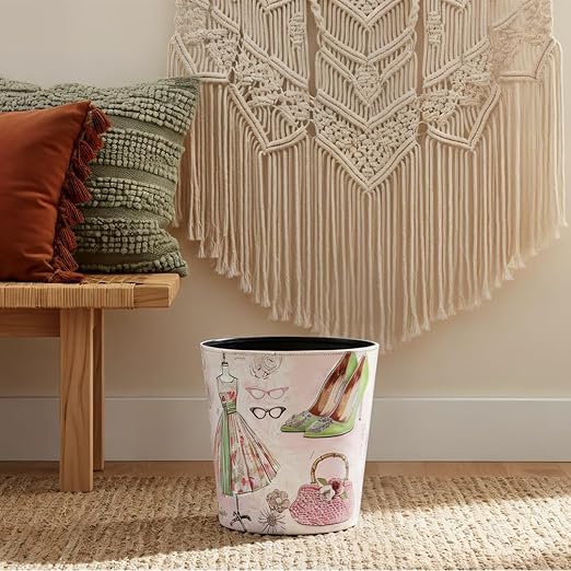 PU Leather Small Trash Can Wastebasket Round Garbage Container Basket for Bathrooms Laundry Room Kitchens Offices Kids Rooms BedroomsDormsHome Decorative Art Bin 2.9 Gallon(Fashion Style)
