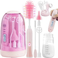 Electric Bottle Brush CleanerRechargable Electric Baby Bottle Brush Cleaner with ThermometerSilicone Bottle/Nipple/Straw BrushDrying RackTravel Bottle Cleaner Kit for New Moms (Pink)