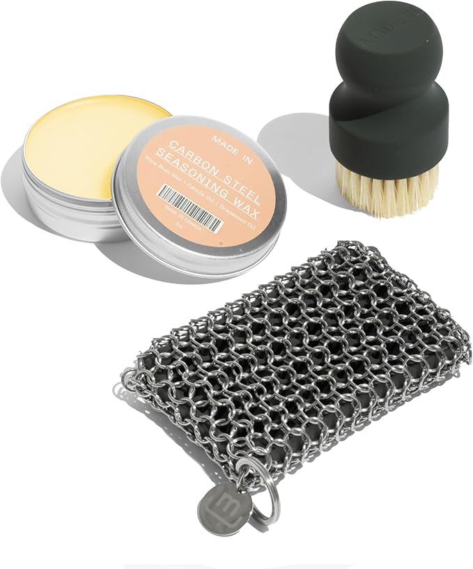 Made In Cookware | 3-Piece Carbon Steel Cleaning Set | Includes Chain Mail Scrubber Cleaning Brush and Carbon Steel Seasoning Wax