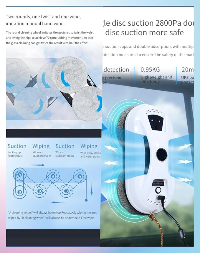 Automatic Smart Window Cleaning Robot Dual Spinning Mop Cleaning Remote Control Al Smart Path Navigation 3000pa Suction Perfect for Windows Glass Doors &amp Tiles