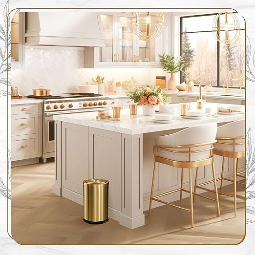 Maxdot 4 Pcs 2.4 Gallon/9 L Gold Bathroom Trash Can with Flip Lid and Toilet Brush Set Small Luxury Stainless Steel Garbage Trash Can Wastebasket Bin for Home Office Hotel Bathroom Bedroom Kitchen