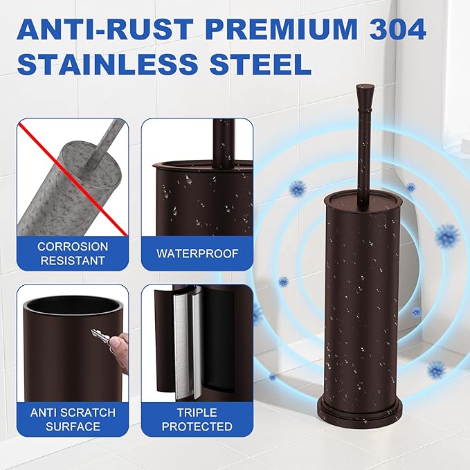 Toilet Brush and Holder Set：304 Stainless Steel Heavy Duty Toilet Bowl BrushRemovable Inner Bowl and Splash ProtectionBathroom Toilet Brush-Dense Bristles for Through Cleaning
