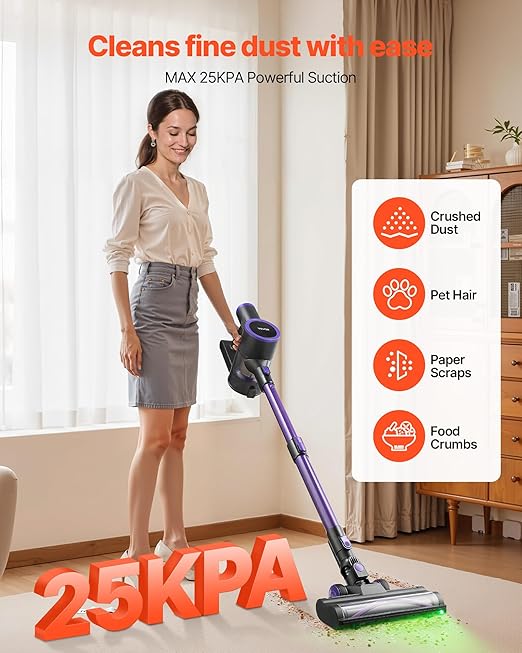VEVOR Cordless Vacuum Cleaner 25KPA Max Powerful Suction Rechargeable Anti-Tangle Stick Vacuum with Dust Cup Lightweight Handheld Vac with 35mins Runtime for Home Carpet Pet Hair Hard Floor