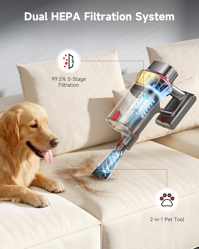 650W Cordless Vacuum Cleaner with 55KPa Flagship Suction 75-Min Extended Runtime 2.5L Dual-Cup Capacity Anti-Tangle Brush &amp Self-Standing Design HEPA Filtration for Furniture Carpet Pet Hair