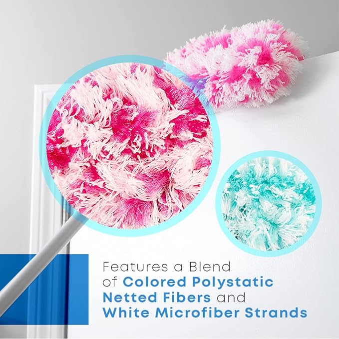 Fuller Brush Fuzzy Fan Duster – Dust &amp Clean Ceiling Fans Walls Woodwork – Polystatic &amp Microfiber Grabs &amp Holds Dust Lint Cobwebs &amp Dirt - Fan Duster with Handle (Pink)