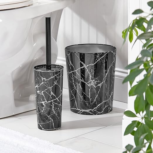 mDesign Round Metal Small 1.7 Gallon Recycle Trash Can Wastebasket Garbage Container Bin for Bathrooms Kitchen Bedroom Home Office - Durable Stainless Steel - Mirri Collection - Black Marble