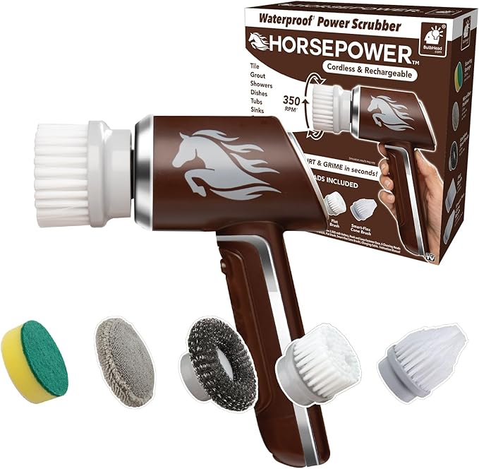 Horsepower Scrubber Waterproof Electric Power Spins 350 RPM 5 Brush Heads AS SEEN ON TV Cleans Dirt &amp Grime Tile Grout Bathrooms Kitchen Auto Rims Outdoor Furniture &amp More Recharg