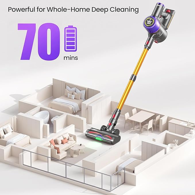 Cordless Vacuum Cleaner 650 W/55000 Pa/70 Mins Vacuum Cleaners for Homewith Touchscreen and Anti-Tangle Brush Vacuum Cleaner 1.5 L Dust Container 9-in-1 for Hard Floors Carpets and Pet Hair