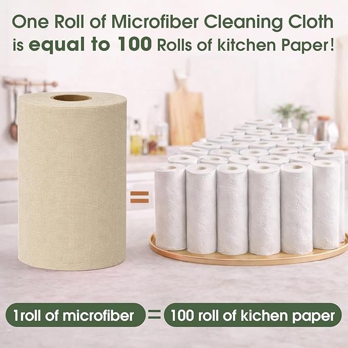 Microfiber Cleaning Cloth Roll - 100 Pack Tear Away Microfiber Paper Towels Reusable Washable Scratch-Free Kitchen Towels for Car Home Kitchen Glass Dishes(Desert Gold)