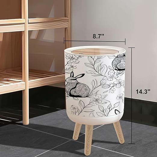 Small Trash Can with Lid Seamless Doodle Rabbit Eucalyptus leaves white New year Chinese zodiac 1.8 Gallon/7L Garbage Can Waste Bin with Pop-Up Lid Wood Legs Wastebasket for Bathroom Kitchen Bedroom