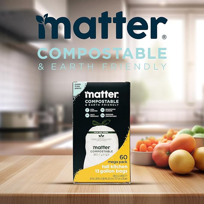 Matter Compostable 13 Gallon Tall Kitchen Trash Bags with Drawstring Eco-Friendly Unscented Durable Leak-Resistant 60 Count