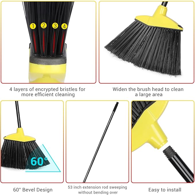 WILLBOND 20 Pcs Heavy Duty Broom Outdoor Indoor Commercial Angle Brooms Bulk for Courtyard Garage Lobby Mall Market Floor Home Kitchen Room Office Pet Hair Rubbish 54 Inch(Red Yellow)
