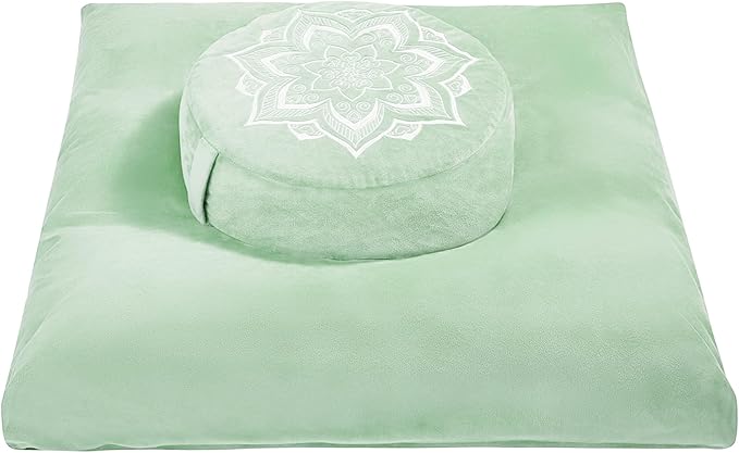 Meditation Zafu Cushion Set with Buckwheat Hulls &amp Memory Foam - Ergonomic Support for Yoga &amp Sitting - Removable Machine-Washable Luxury Velvet Cover - for Adults and Kids (Sage Green)