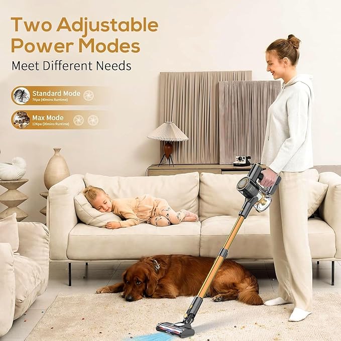 Cordless Vacuum CleanerVacuum Cleaner for Home with Brushless MotorLightweight Stick Vacuum with Self-Standing and Touch ScreenHardwood Floor Vacuum for Pet HairCarpetsTile(Gold)