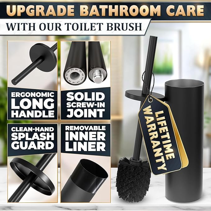 2 PCS Black Toilet Brush and Holder Set - Scratch Resistant Black Toilet Bowl Brush and Holder with Soft Bristles Replaceable Head Protection from Splashes and Compact Design - for Cleaning