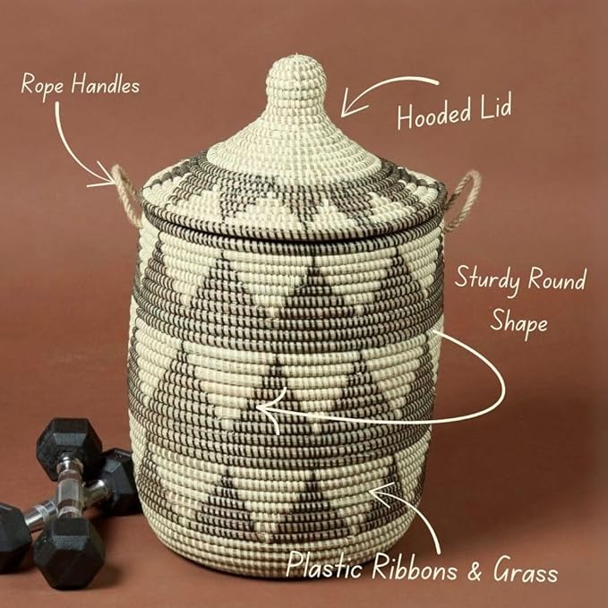 Decorative Basket Black and Beige 12 Inch Wide 14 Inch Tall