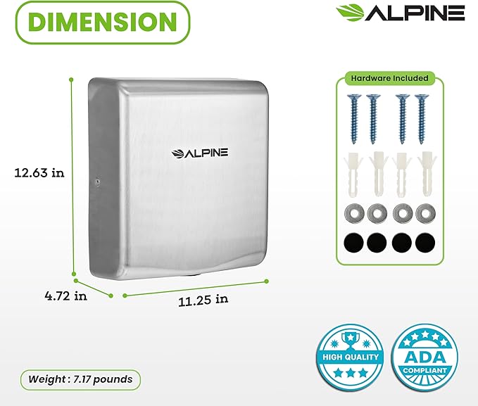 Alpine Commercial Hand Dryer with HEPA Filter 8 Seconds Extreme Speed Electric Hand Dryer for Home Bathroom/Restaurant with Heat &amp Speed Control - ADA Compliant (120V Stainless Steel)