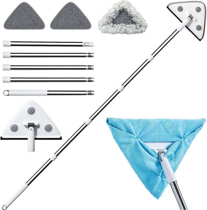 CTIME 78'' 3 in1 Professional Window Squeegee &amp Wall Mop : Window Cleaning Kit with 360° Rotating Triangular Head &amp Universal Cloth Slots (Includes 3 Reusable Pads)