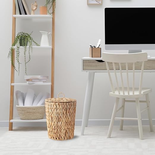 4 Gallons Wicker Trash Can with Lid - Bathroom Garbage Can - Boho Hand Woven Natural Water Hyacinth Wicker Waste Basket for Bedroom Living Room Home Office