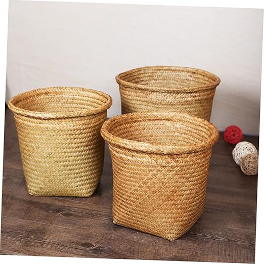 Kichvoe Seagrass Trash Can 2pcs Round Wicker Waste Basket Boho Woven Garbage Bin Laundry Hamper Basket Rattan Plant Pot Cover for Kitchen Bathroom Home Office