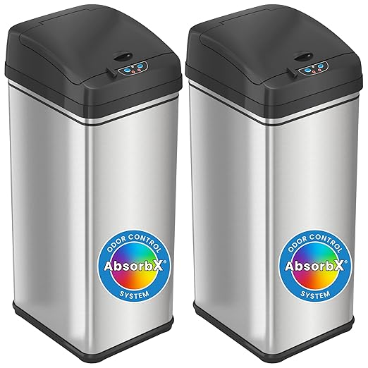 iTouchless 13 Gallon Sensor Trash Can with Deodorizer (2-Pack) Stainless Steel Big Lid Opening (Base Version - No AC Adapter)