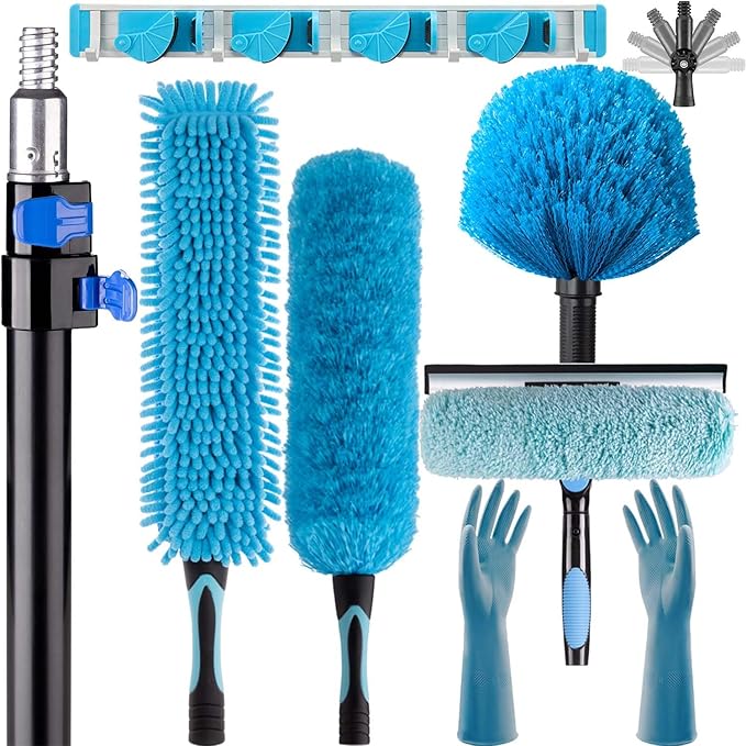 25 Foot High Reach Ceiling Fan Duster with 7-18ft Heavy Duty Extension Pole Microfiber Feather Cobweb Duster Window Squeegee Kit Cleaning Gloves