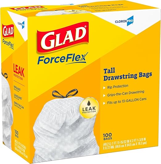 CloroxPro Glad ForceFlex 13 Gallon Tall Kitchen Drawstring Trash Bags 100 Count Pack of 4 (Package May Vary)