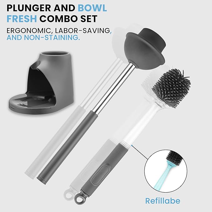 Toilet Brush &amp Plunger Set - Toilet Bowl Brush and Holder Refillable Liquid Dispenser Brush - 2 in 1 Silicone Toilet Brush &amp Plunger Set for Bathroom
