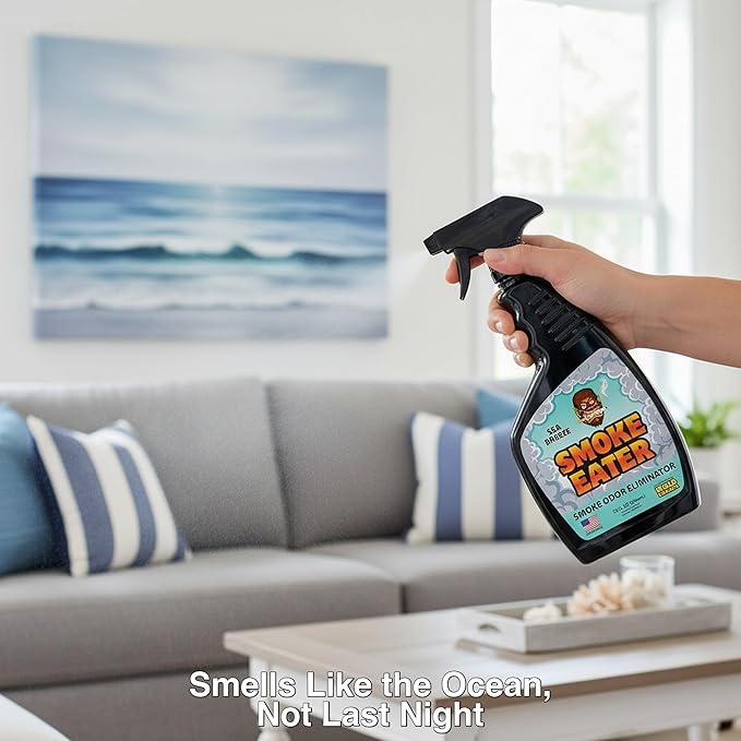 Smoke Eater Odor Eliminator Spray Sea Breeze Scent 22oz - Breaks Down Smoke Odors at the Molecular Level - Works on Fabric Carpet Cars Furniture - Made in USA