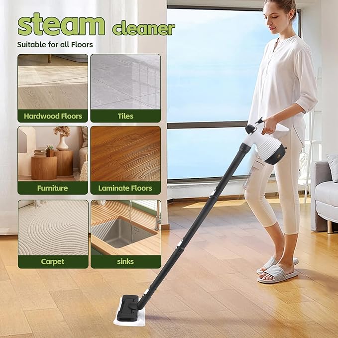 15-in-1 Multipurpose Steam Cleaner 1050W Handheld Steamer &amp Steam Mop with 16-Piece Kit 350ML Tank 30s Fast Heat-Up for Floors Windows Cars Bathroom Grills Sofa Cleaning(White)