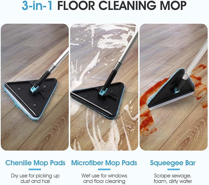 20 Foot Painted Wall Cleaner Mop with 12 Ft Heavy Duty Extension Pole 3-in-1 High Ceiling Cleaning Tool with 4 Microfiber Chenille Pad Cobweb Duster Fan Baseboard Window Squeegee Kit (12ft)