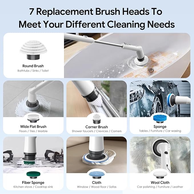 Electric Spin Scrubber2026 New Cordless Cleaning BrushShower Cleaning Brush with 7 Replaceable Brush Heads Power Scrubber 3 Adjustable SpeedsDetachable Long Handle &amp IPX7 Waterproof