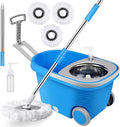 Spin Mop and Bucket with Wringer Set on Wheels 360° Spinning Mop Bucket System with 3 Microfiber Mop Replacement Heads and 61 Stainless Steel Adjustable Handle for Floor Cleaning (25QT)